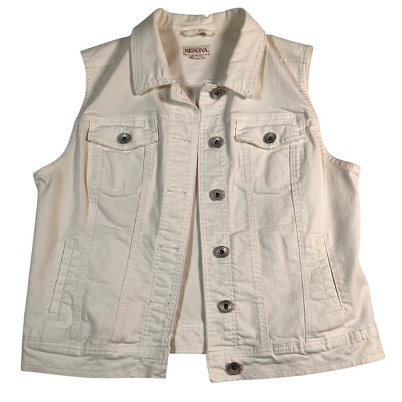 Merona Jackets & Blazers - Merona Cream White Denim Vest Womens Large Stretch Button Front Trucker Jacket
